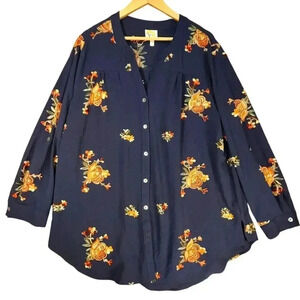 Fig & Flower Women’s‎ Navy Floral Embroidered Long Sleeve Bohemian Blouse 2X